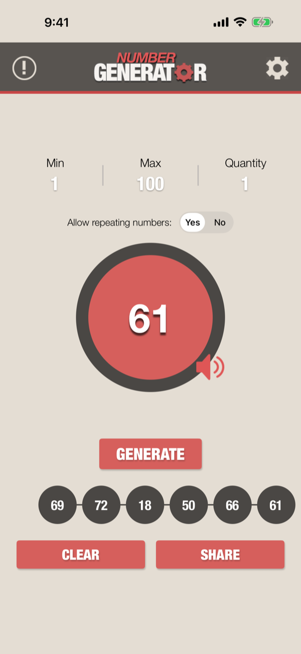Main screen with the number circle and result strip