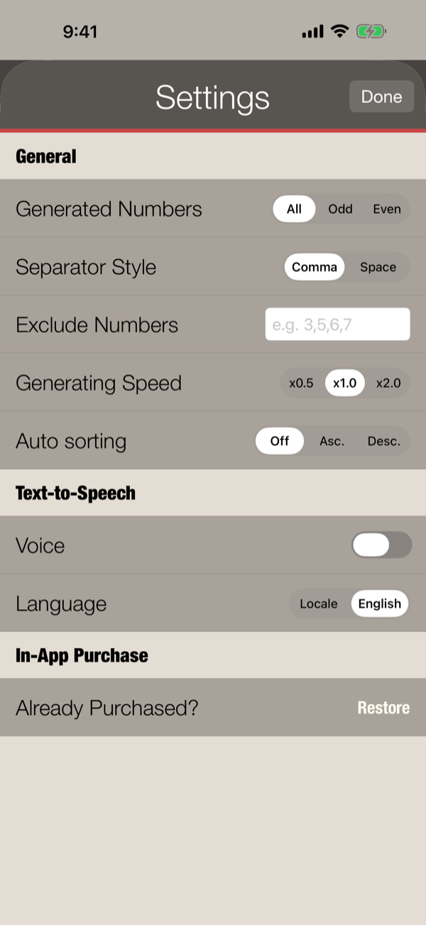 Settings screen with filters, sorting, and voice options